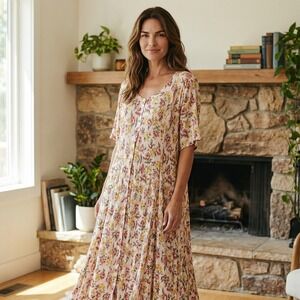 The Avenue Maxi Dress Women 16 Pink Floral Crinkle Rayon Vintage Cottagecore